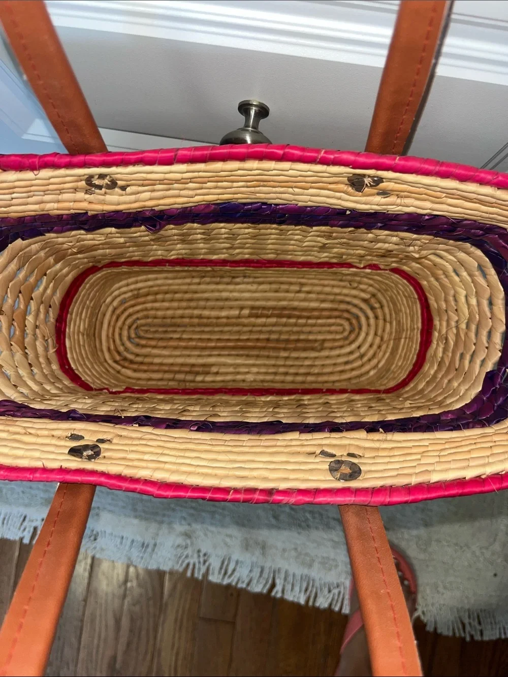 Woven Straw Basket Tote with Pink and Purple Accents